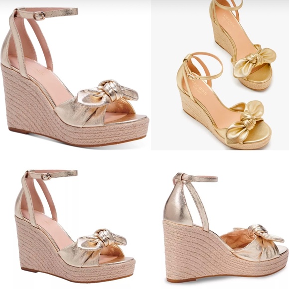 Kate Spade Tianna Espadrille Wedges Metallic Gold Leather Platform Sandals Pumps - Picture 2 of 16